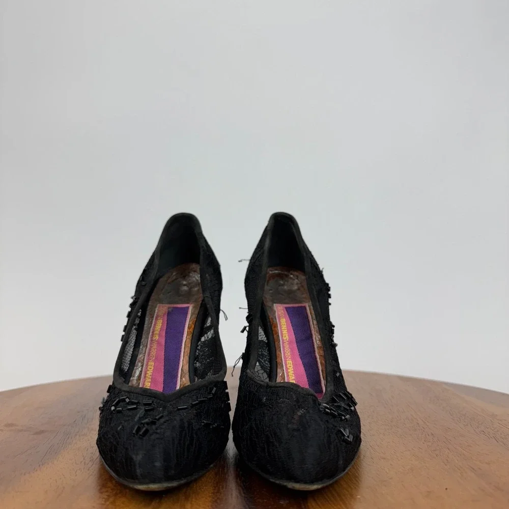 Womens Susan Bennis Warren Edwards Black Lace Beaded Heels‎ Pumps Size 6 M GUC
